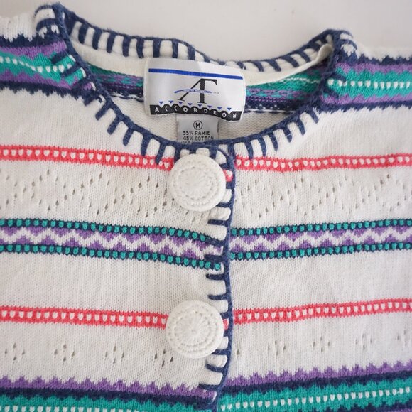 Vintage Accordéon White Knit Multicolour Striped Button Cardigan Eclectic M - Picture 10 of 10